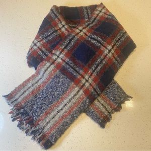 Blanket Scarf Plaid Navy Blue Red White Oversized Wrap Cover Winter Fall Fringe